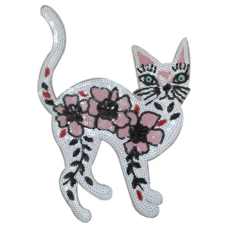 

Iron on patches for clothing T shirt Women 24cm Flower Cat Sequined Sequins T-shirt Womens Fashion Tops Shirt Girl Patch Clothes