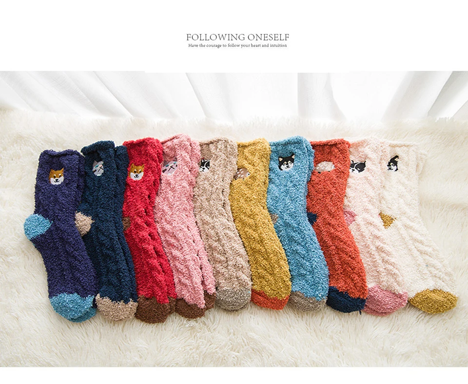 2019 Winter New Embroidered Animal Puppies Cat Lady Floor Sock Thick Section Warm Home Coral Velvet Ladies Socks Wholesale (3)