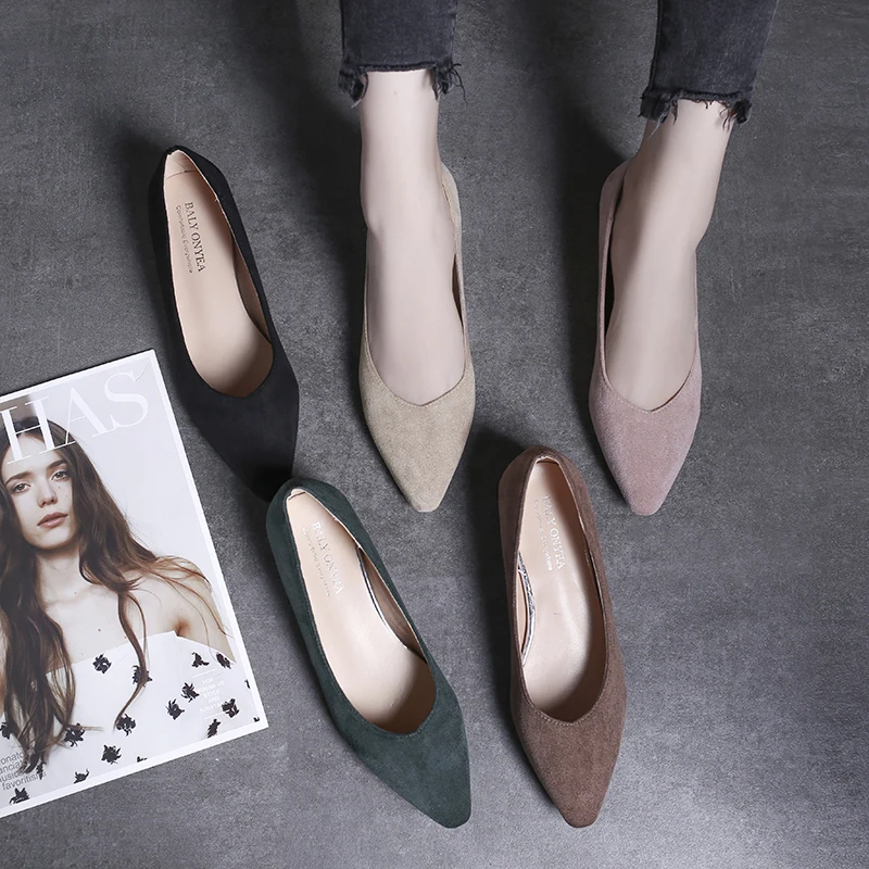 

Korean Pure women lazy slip on loafers shoes ladies elegant thick heel espadrilles shallow work shoes woman pointy flock 5-color