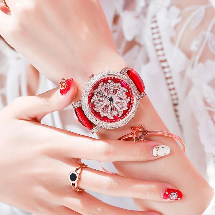 Женские часы с цветком и кристаллами, роскошные брендовые стразы, вращающийся циферблат, женские кварцевые часы, женские часы - Цвет: Red