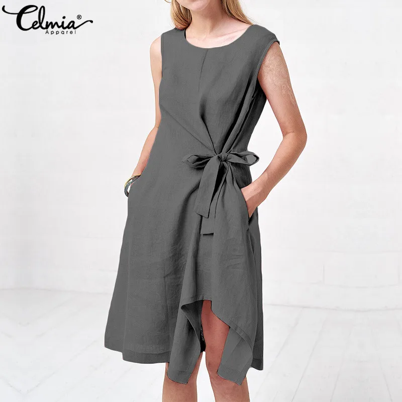

CELMIA 2019 Summer Dress Women Sexy Sleeveless Bow Casual knee Length High waist Beach Vestidos Party Plus Size Navy S-5XL