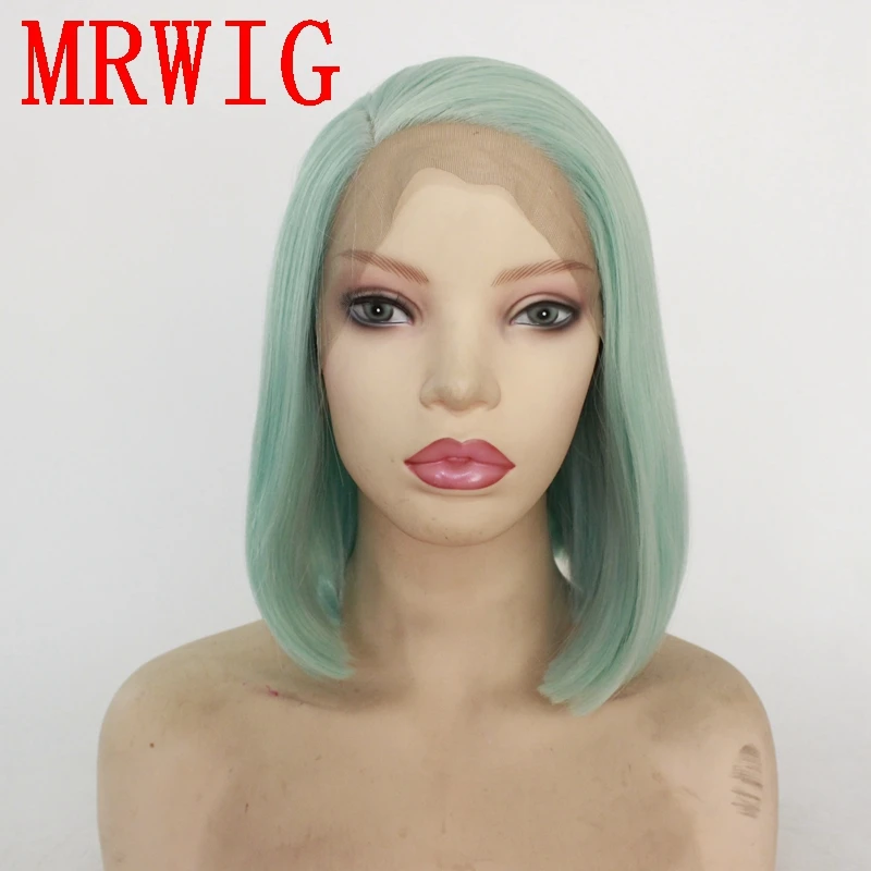 

MRWIG 12in short bob straight green synthetic 260g right part front lace wig combs&straps