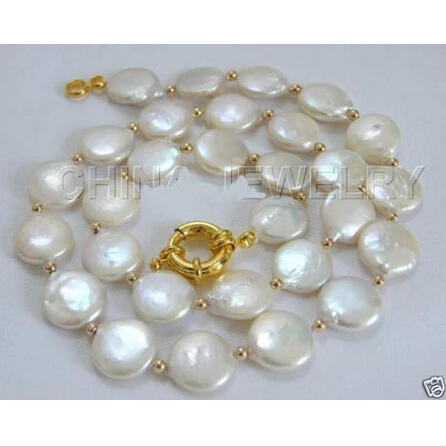 

Free shipping >>>>>14mm natural white coin freshwater pearl & K gold bead necklace