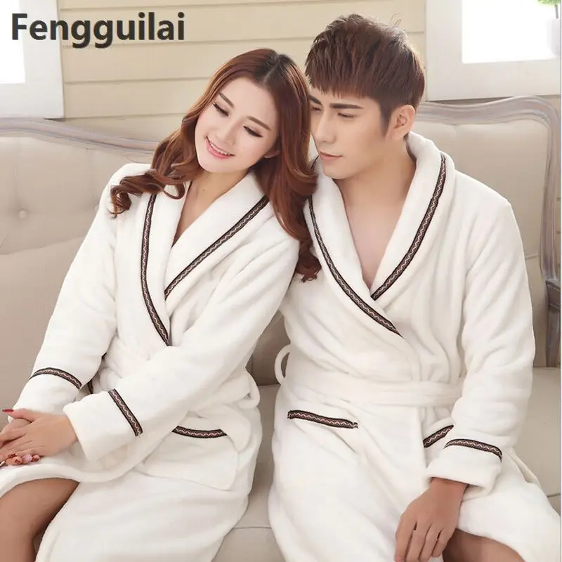 

2019 Winter Warm Coral Fleece Couples Bathrobes Long -Sleeved Bath Robe Male Female Thickening Bathrobes Dressing Gown Peignoir