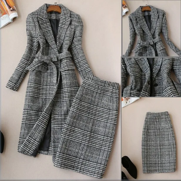 

2018 New Autumn Winter Women's Slim Long Woollen Trench Coat Jacket + High Waist Plaid Skirt Two Pieces Professional Skirt Suit