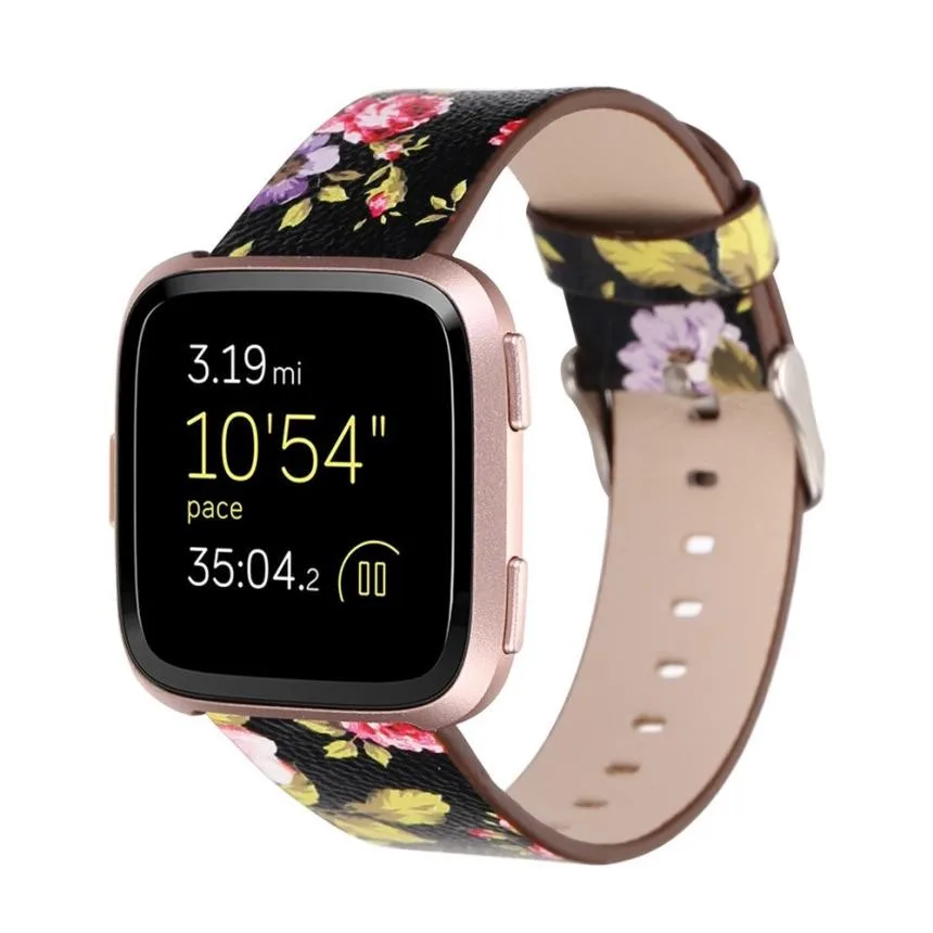 

2018 New Fashion Flower Print Smart Watch Band Luxury Leather Watch Strap Watch Band For Fitbit Versa