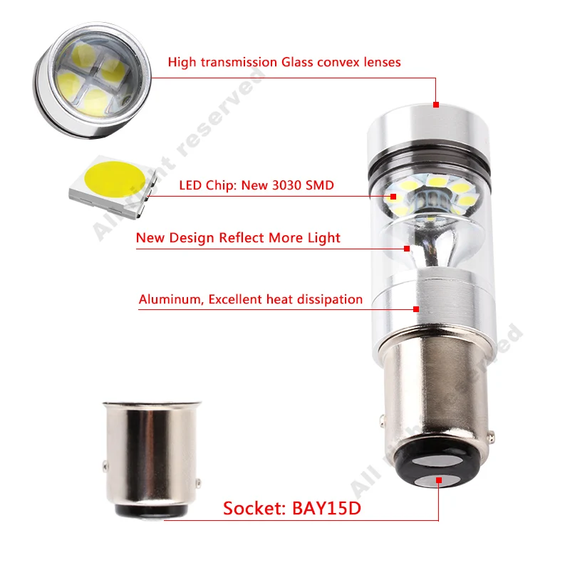 2 шт. 1157 BAY15D P21/5 Вт светодиодный лампы Противотуманные фары Дневные Фары Светильник хвост фар дальнего света DRL Противотуманные обратного 100W 6000K белый 3030 20SMD 12 V-24 V