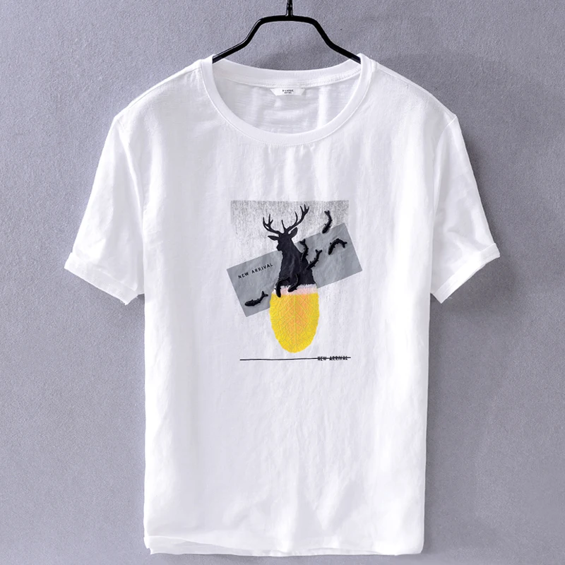 

2019 Summer short-sleeved linen t-shirt men white loose casual t shirt mens solid stitching round neck t shirts men chemise