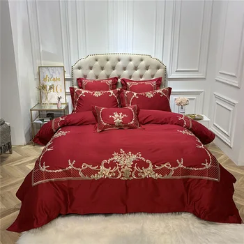 

Red 4/6pcs blue dark blue Luxury Egyptian cotton Royal Bedding sets Queen King size Duvet cover Bed sheet set Pillowcase