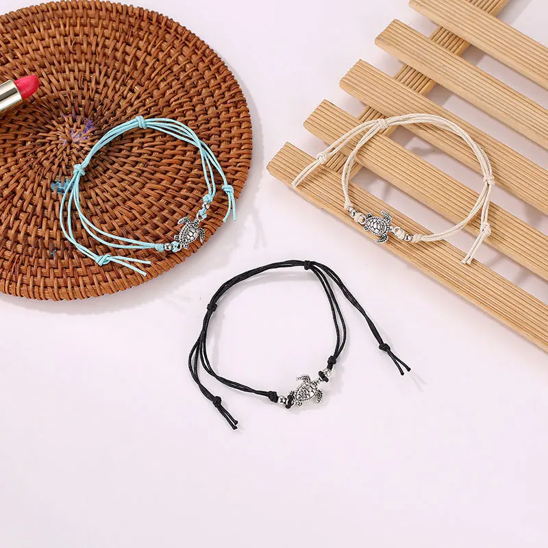 

Vintage Black White Blue Thin Ropes Woven Chains Cute Vivid Sea Turtle Charm Boho Anklets For Women