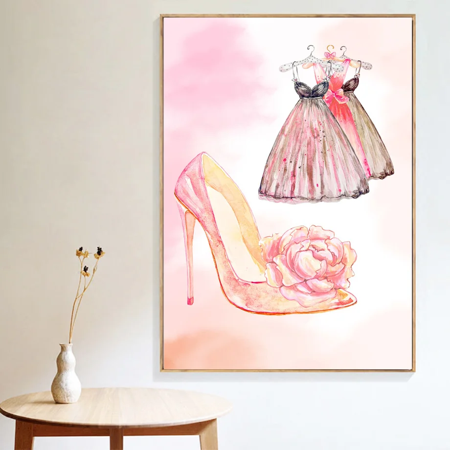 Watercolor Clothes High-Heeled Wall Art Canvas Painting Nordic Posters And Prints Wall Pictures For Living Room Girl Room Decor