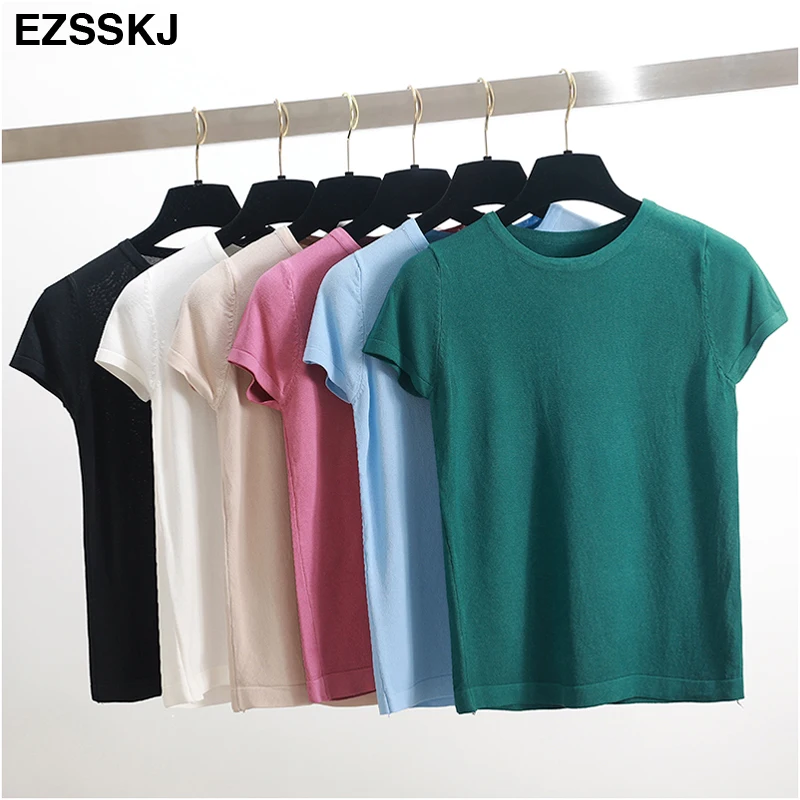 EZSSKJ, Базовая Трикотажная футболка, женская летняя футболка с коротким рукавом, высокая эластичность, женская футболка с круглым вырезом, повседневный однотонный укороченный топ