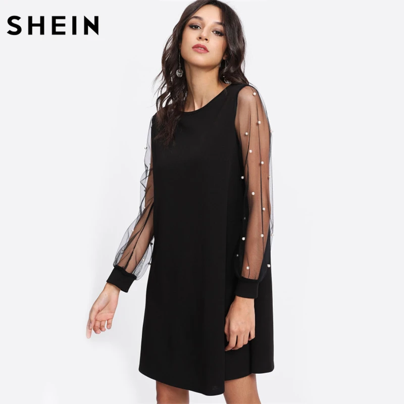 Billig SHEIN Elegante Frauen Kleider Perle Perlen Mesh Sleeve Tunika Kleid Herbst Schwarz Boot ausschnitt Langarm EINE Linie Kleid