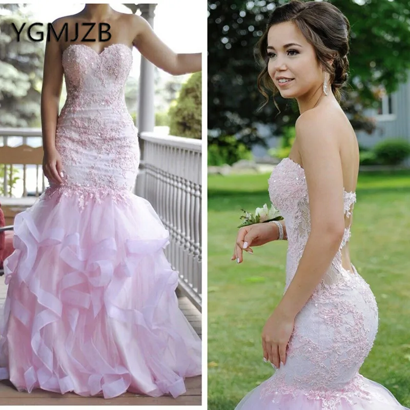 Pink Mermaid Wedding Dresses Sweetheart Beaded Appliques Organza 2019