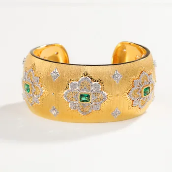 

CMajor Sterling Silver Green Stone Antique Palace Wide Open Bangles Vintage Gold Color Cuff Bangle For Women