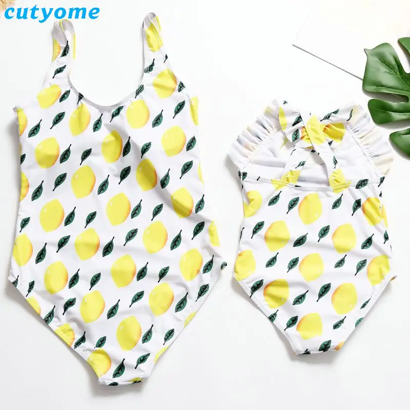 

Swimsuits For Family Look Mother And Daughter Matching Lemon Printed One-pieces Swimwear Outfits Mommy And Me Beach Clothes