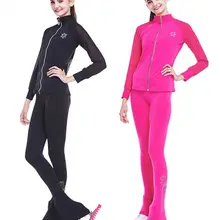 Индивидуальные костюмы для фигурного катания, куртка и штаны, длинные брюки для девочек, женские тренировочные костюмы для катания на коньках, теплые черные розовые сетчатые рукава