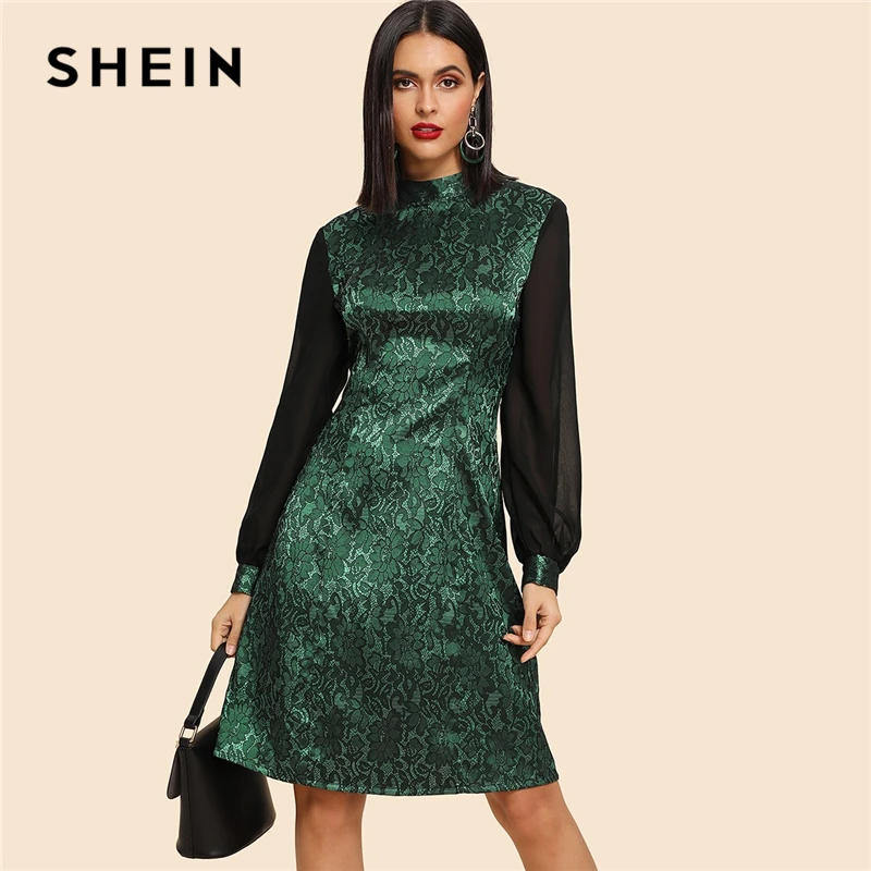 SHEIN Going Out Green Contrast Balloon Sleeve Jacquard Stand Collar ...