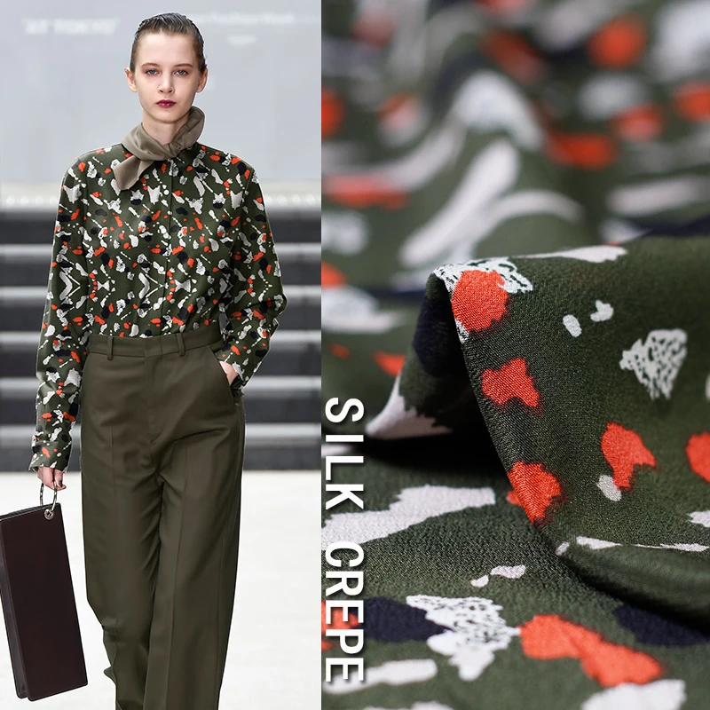 

New silk double crepe fabric fashion camouflage army green striped silk crepe de chine fabric clothing wholesale silk cloth
