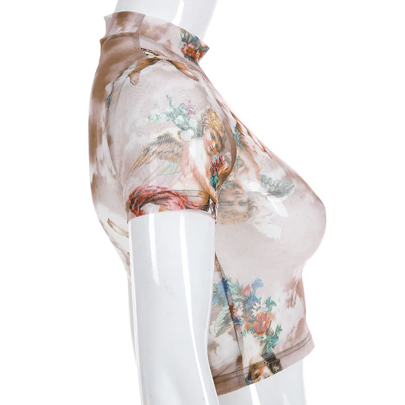 الملاك طباعة شبكة مثير T قميص المحاصيل أعلى عالية الرقبة كم قصير الجرافيك تيز المرأة الشارع الشهير المتناثرة قمصان الساخن بيع