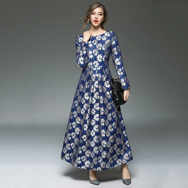 Hot Sale New Fashion Women Robes Printed Lace Long Dresses Woman's Blue ...