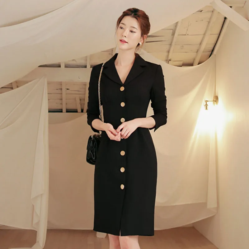 

HAMALIEL Business Women Black Bodycon Office OL Dress Autumn Single Breasted Sheath Pencil Dress Formal Notched Slim Work Dress