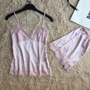 

2019 New Sleeveless Lace Trim Satin Cami And Shorts Pajama Pyjamas Set V Neck Sexy Set Sleepwear Summer Women Pajamas