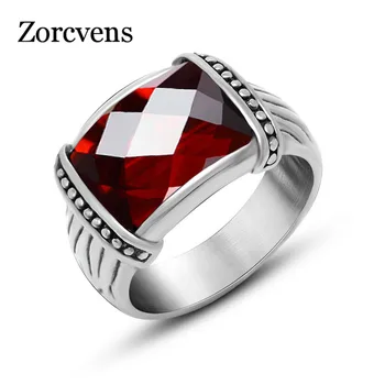 

ZORCVENS Cool Punk Silver-Color Stainless Steel Ring Big Red Black Stone Ring for Men