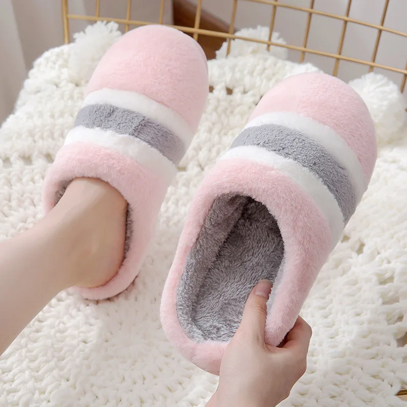 

2018 Fashion Winter Women Slippers Plush Striped Cute Warm Home Indoor Slippers Female Ladies Cotton Women Winter Shoes CJ272