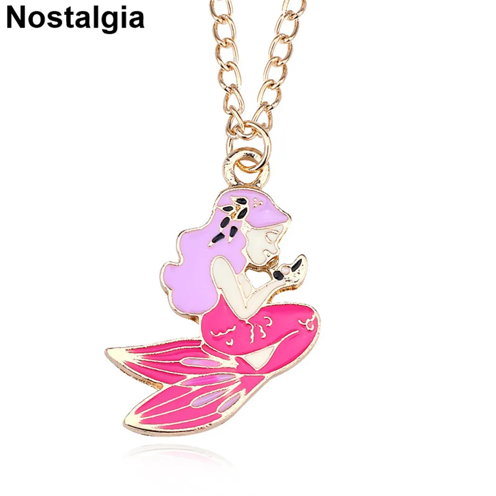 Nostalgia Little Mermaid Necklace Women Chain Pink Enamel Colorful Girls Jewelry Kids | Украшения и аксессуары