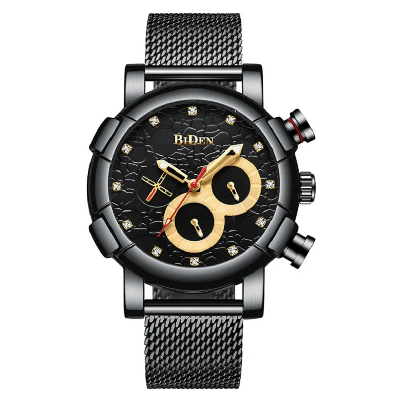 

Mens Multifunction Wristwatches Black Silver Biden Male Clocks Stainless Steel Quartz Man Clocks Diamond Waterproof Calendar