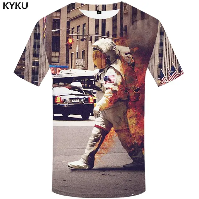 KYKU Astronaut T-shirt Men Graffiti Anime Clothes Music Tshirts Casual Black And White T-shirts 3d Rainbow Shirt Print