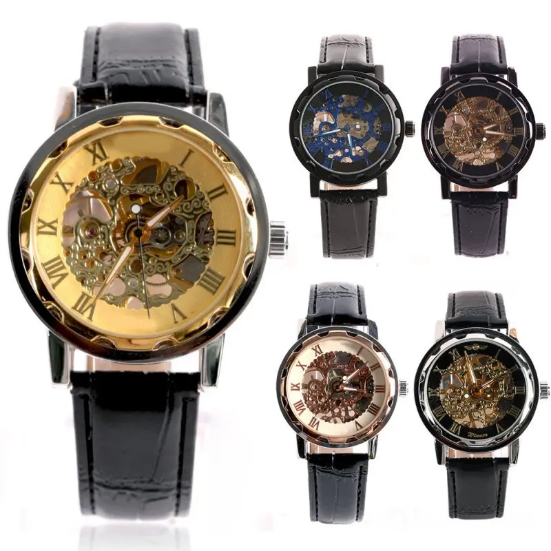 

2019 Men's Simple Watch Classic Men's Gold Dial Skeleton Black Leather Mechanical Army Wrist Watch