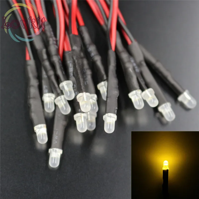 

50pcs 3mm Diffused Pre-Wired Round top Warm White LED 12v DC 20cm Emitting Diode For automotive Toy Light DIY Wholesale Retail