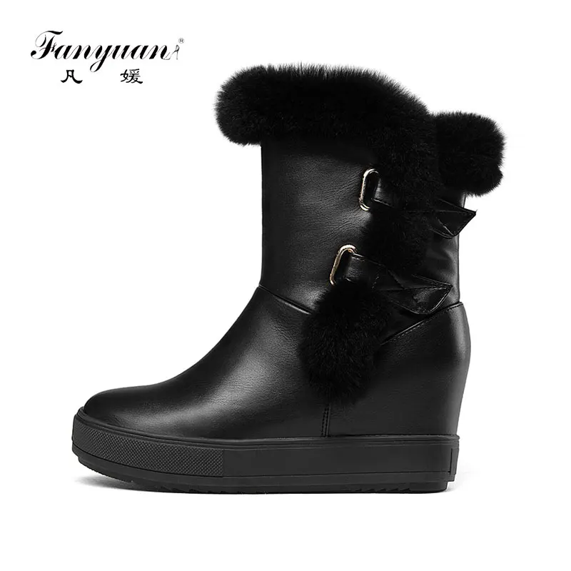 

Fanyuan Solid Double belt buckle Ankle Boots Winter Plush Warm Snow Boots Women Zipper Platform Boots Height Increasing Shoes