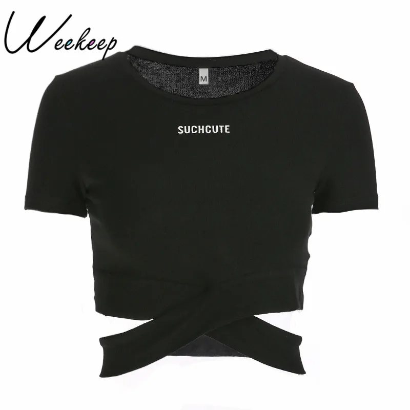 Weekeep, футболка с принтом в виде букв, Женская хлопковая Сексуальная укороченная футболка с коротким рукавом, летняя облегающая укороченная футболка, топы - Цвет: Черный