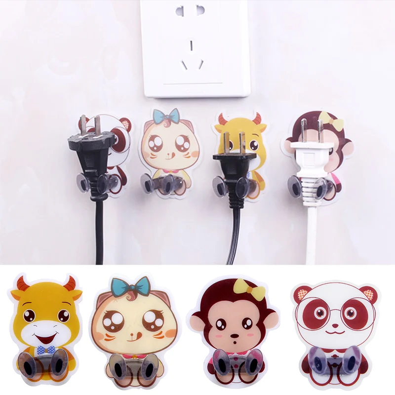 

1PC Cartoon Wall Mounted Adhesive Force Shelf Hanger Sticky Animals plug base Hook Storage Rack Holder Power Cord Plug Bracket