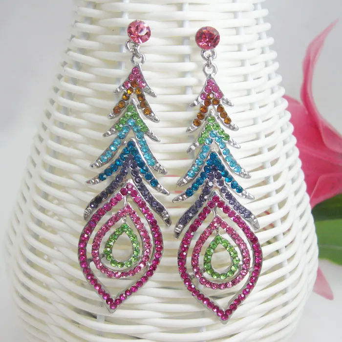 

Luxury Colorful Austrian Crystal Peacock Feather Earrings Silver Tone Best Gift