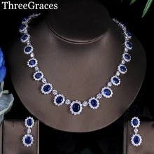 ThreeGraces African Design Costume Jewelry White Gold Color Blue Crystal Stone Bridal Necklace Earrings Set For Wedding JS040