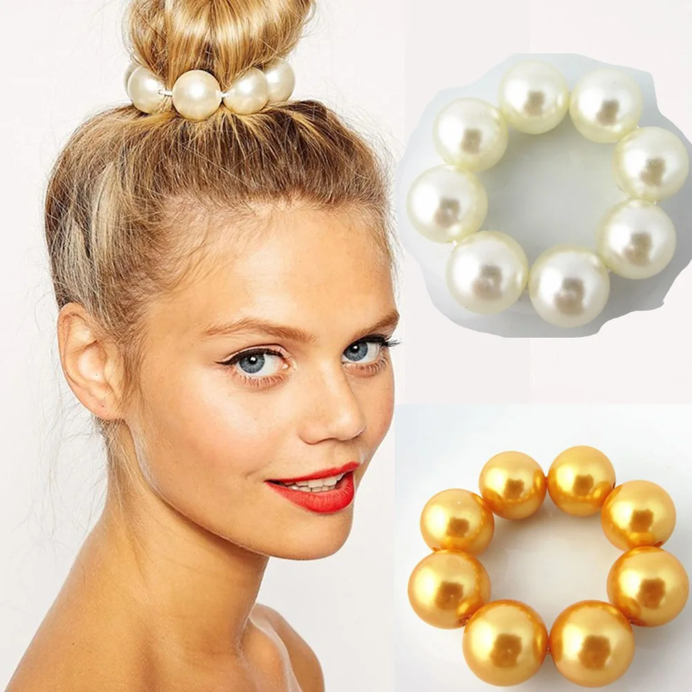 

Women Lady Big Pearl Hair Rope Holder Korea Jewelry Hair Accessories Headwear Hairbands for Women Bun maker Ties New Brief