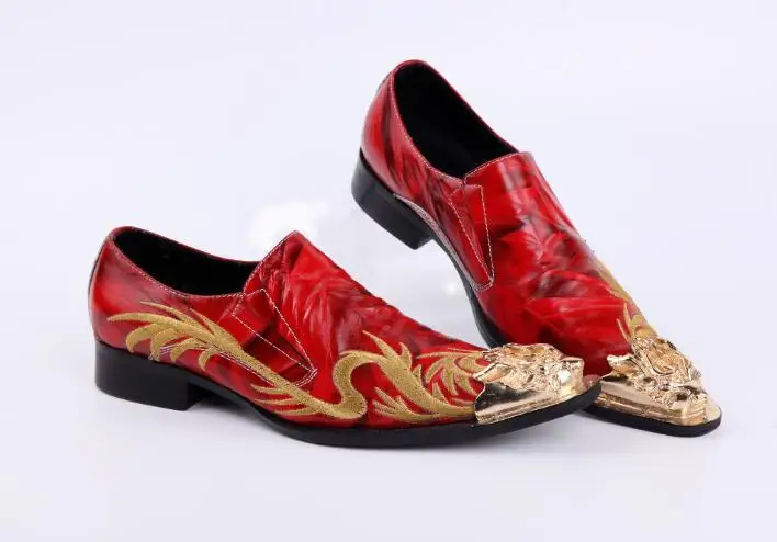 Мода Дракон вышивка оксфорды из натуральной кожи Золотой металлический носок красный Свадебная вечеринка обувь