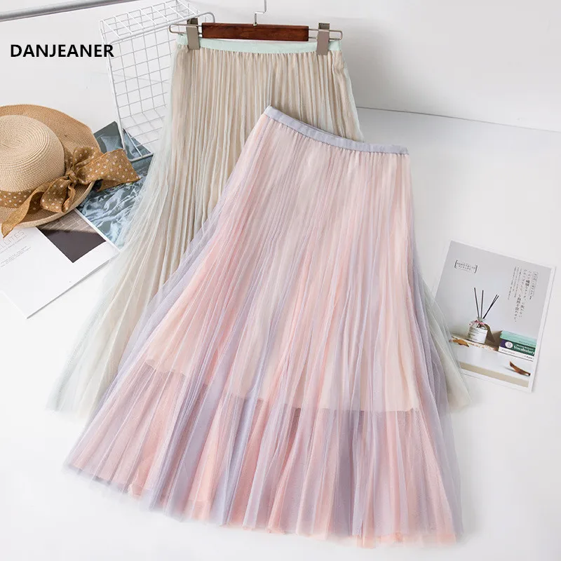 

DANJEANER Women's Colorful Long Tulle Skirts Plain Pleated Skirt 2019 New Fashion Elegant Mesh Midi Skirt High Waist Woman Skirt