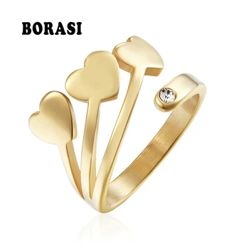 

BORASISimple Style Three Love Heart Crystal Rings For Women Wedding Band Ring Jewelry Fashion Party Gift Ring Gold Color New