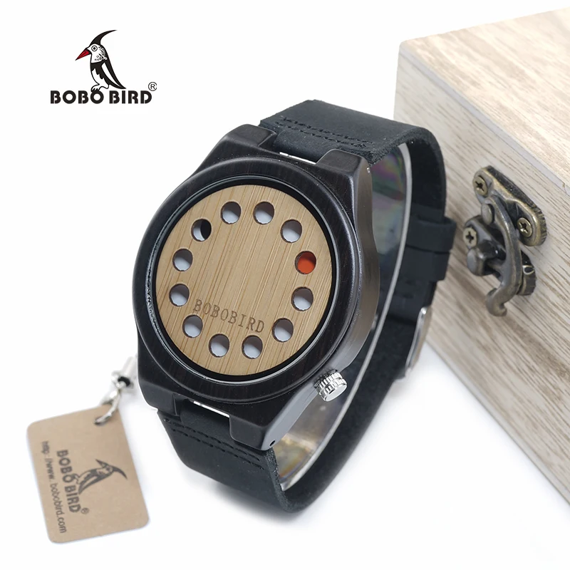 Мужские часы марки BOBO BIRD WB17 роскошные черные из сандалового дерева и бамбука с 12