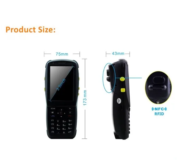الكل في واحد نوعية جيدة 3.5 بوصة شاشة اللمس أسود اللون الروبوت pda مع nfc rfid القارئ ، wifi ، 3 جرام و 1d أو 2d الماسح اختياري