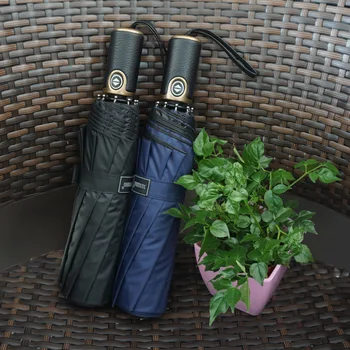 

10 Ribs Strong Automatic Umbrellas Wind Resistant Men Black Three Folding Umbrella Rain Leather Handle Classic Business Paraguas
