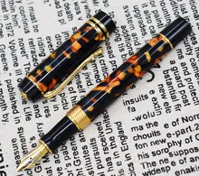 Marble Celluloid Fountain Pen 22KGP Medium Nib Writing Gift Ink Pen, Amber/Green/Red Flowers Nice Pattern with Crocodile Clip nice silver clip black yellow green fine nib fountain pen retro business gift office writing ink pens with an original gift box