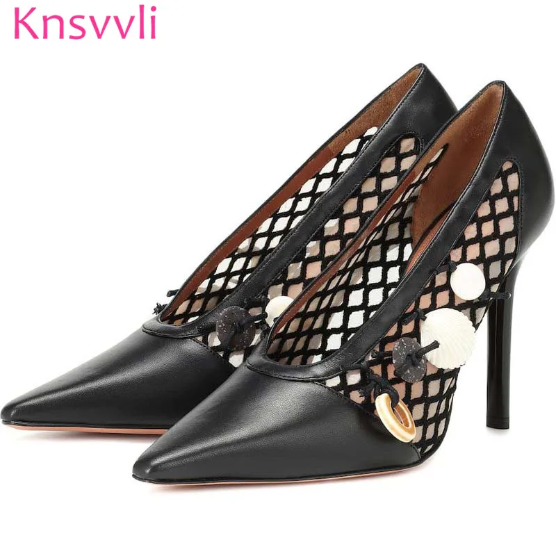 

Knsvvli New Mesh Cut Outs High Heels Woman Pointed Toe Snake print Summer Fashion Party Shoes Ladies Conch Decor Women Pumps