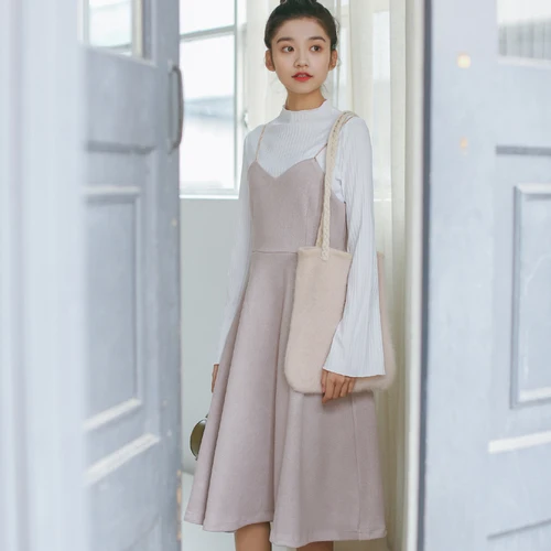 Женское зимнее платье, корейский стиль, винтажное, искусственная замша, кожа, v-образный вырез, длина до колена, на тонких бретелях, миди платье, vestidos 1310