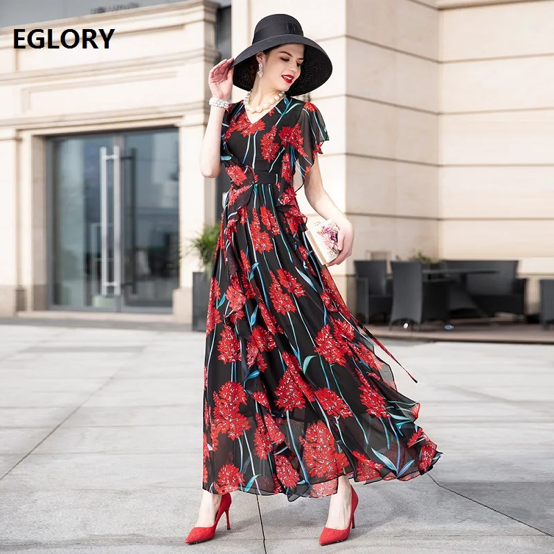 

2019 Summer Fashion Brand Chiffon Long Dress Plus Size XXXXL Women V-Neck Red Floral Print Short Sleeve Long Maxi Dress 50s 60s